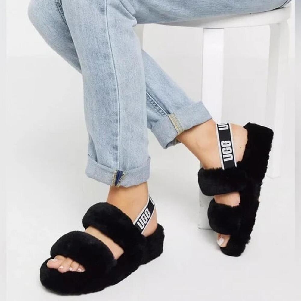 UGG Fluffy Black Slippers with Logo Strap Size 9